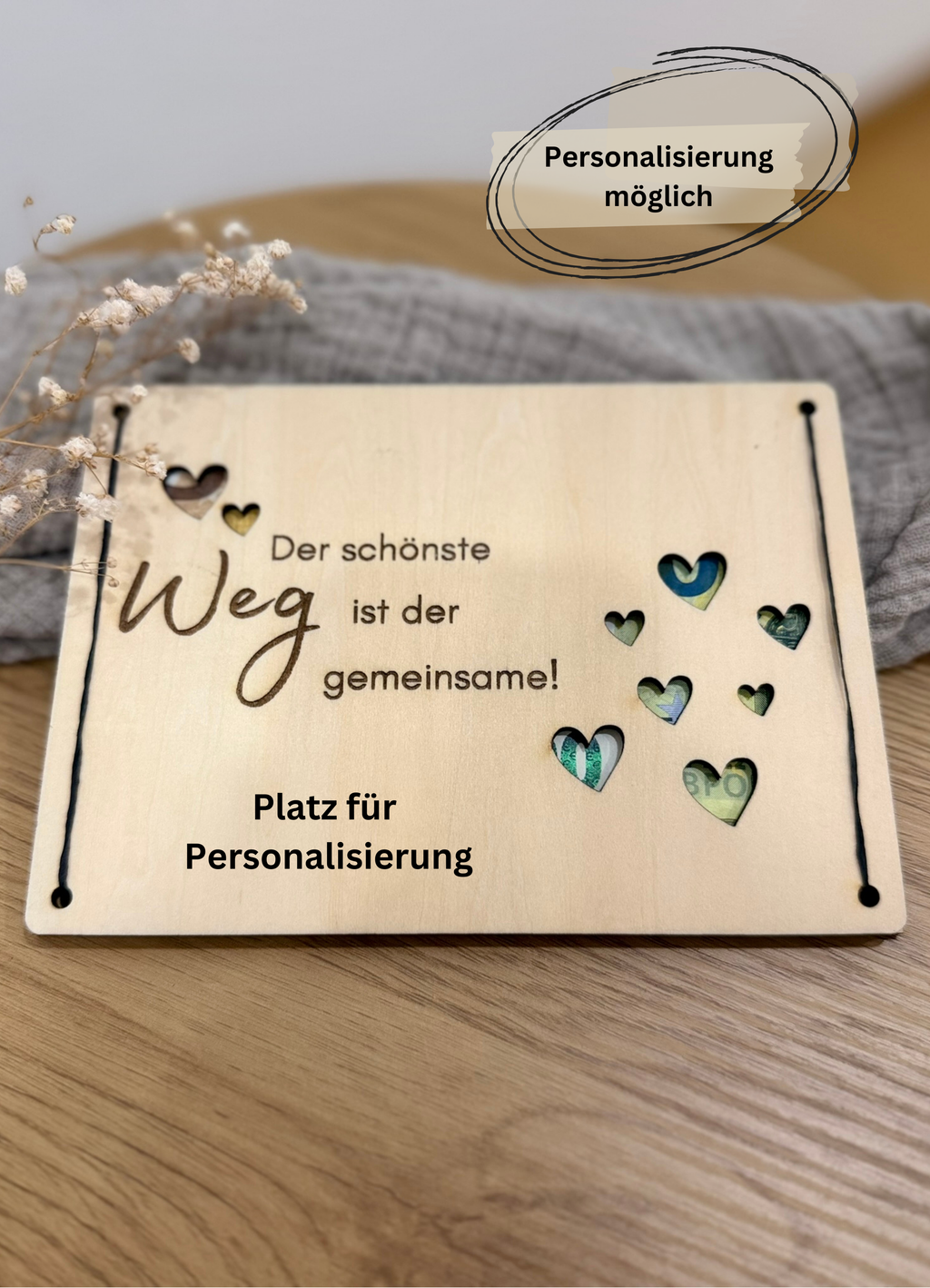 Geldgeschenk Holzkarte - Hochzeit, Design 1