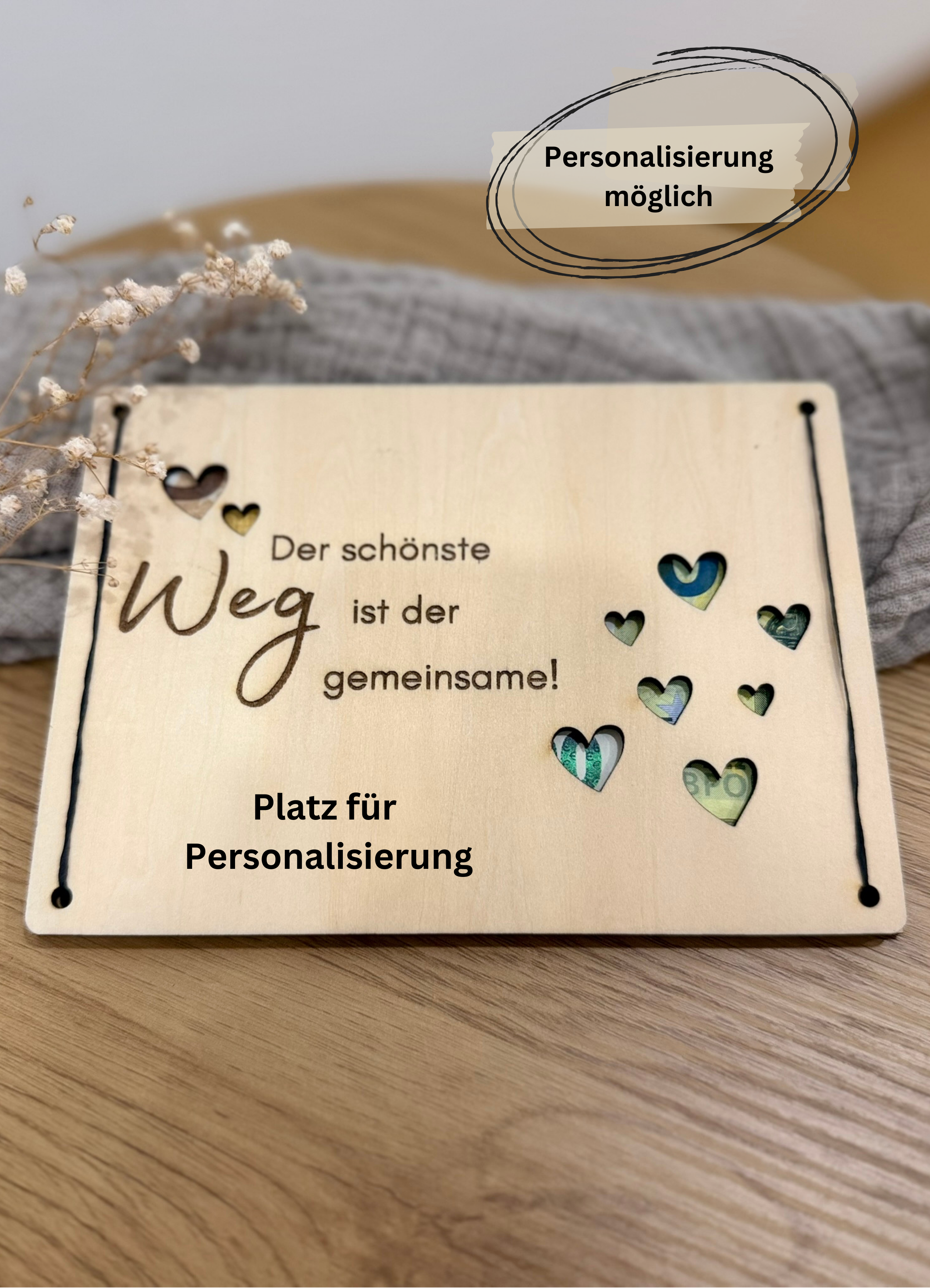 Geldgeschenk Holzkarte - Hochzeit, Design 1